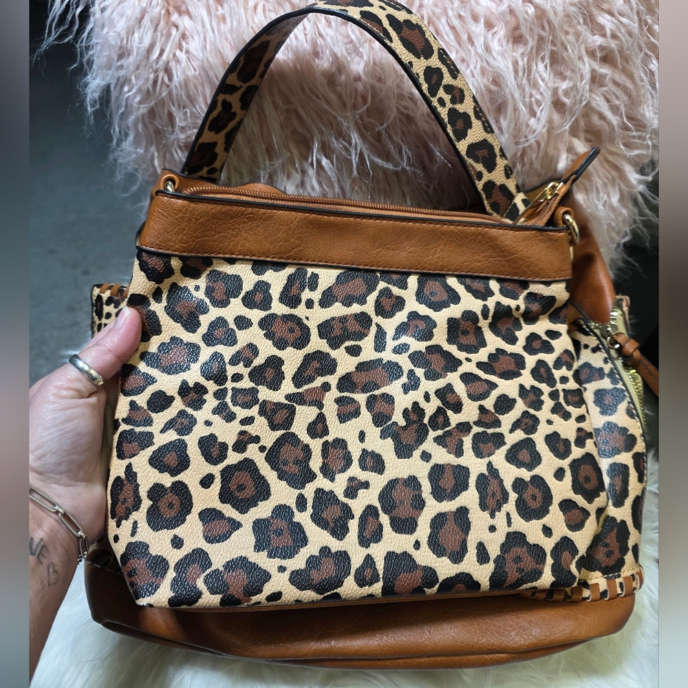Leopard Accent Tan Leather Tote - Picture 2 of 8